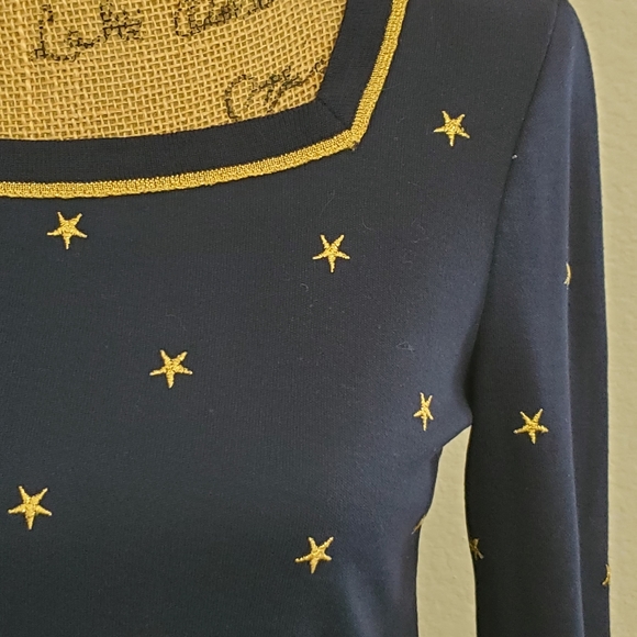 Aileen Navy blue with gold stitched stars long sleeve top square neckline S - Picture 2 of 6